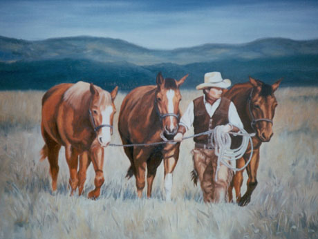Kovboj se třemi koňmi